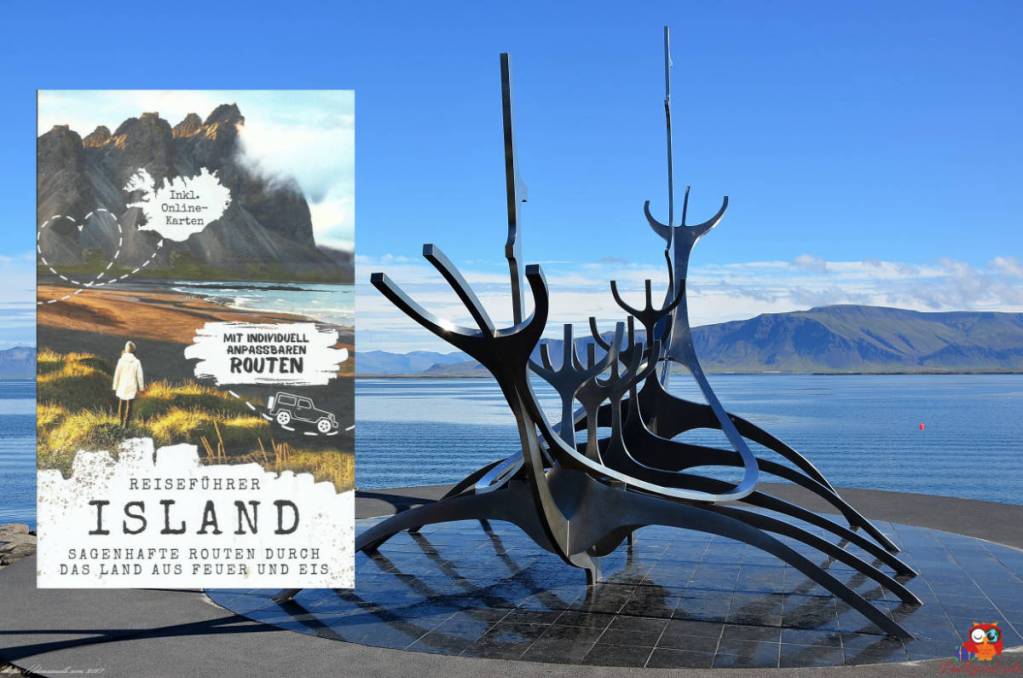 eingangsbild zeigt cover des island reiseführers und im hintergrund die skulptur skollfoss in reykjavik
