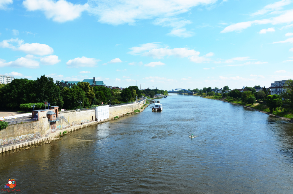 Blick auf die Elbe in Magdeburg mit einer Bootsfahrt und einem Kanufahrer, umgeben von Grünflächen und Bäumen, unter einem blauen Himmel mit einigen Wolken.