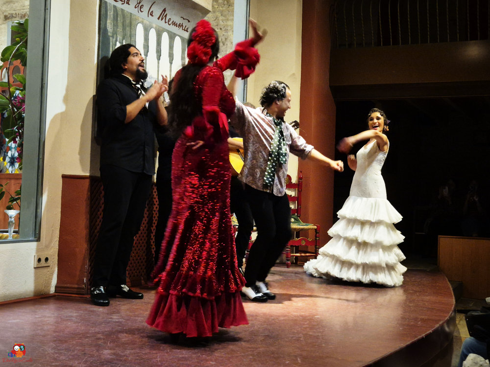Flamenco-Tanzaufführung mit Künstlern in traditioneller Kleidung auf einer Bühne.